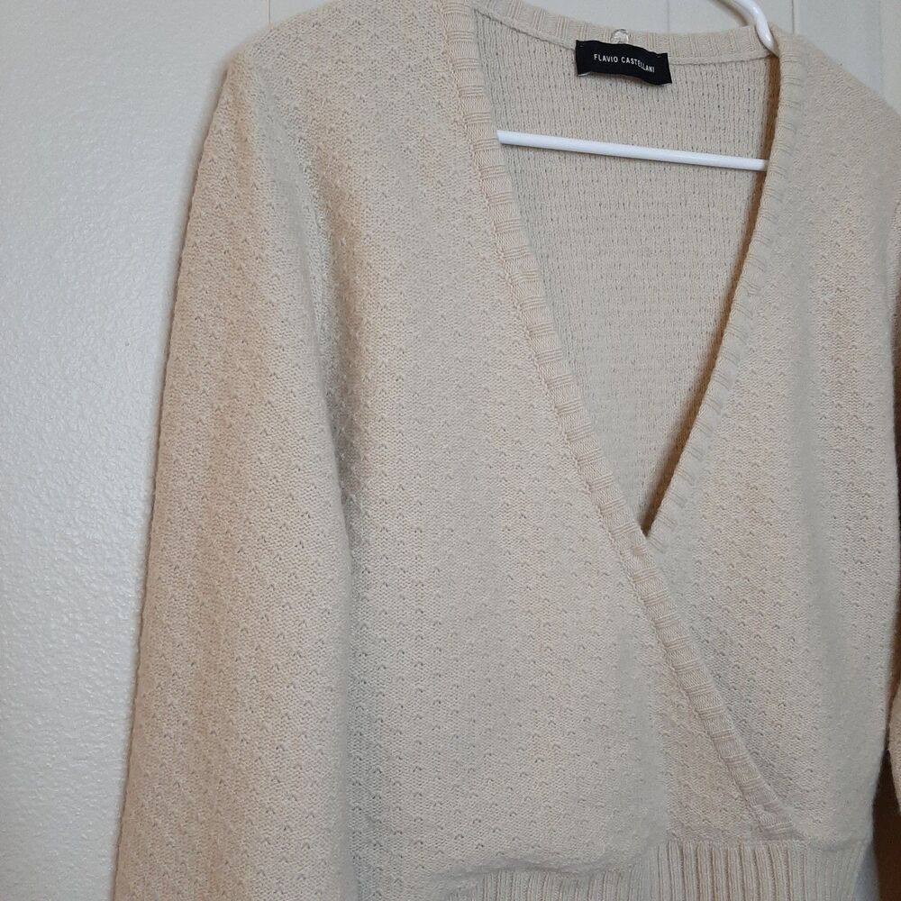 Flavio Castellani Sweater Beige Women Size L / 44 Wool Cashmere Blend Faux Wrap - Picture 6 of 12